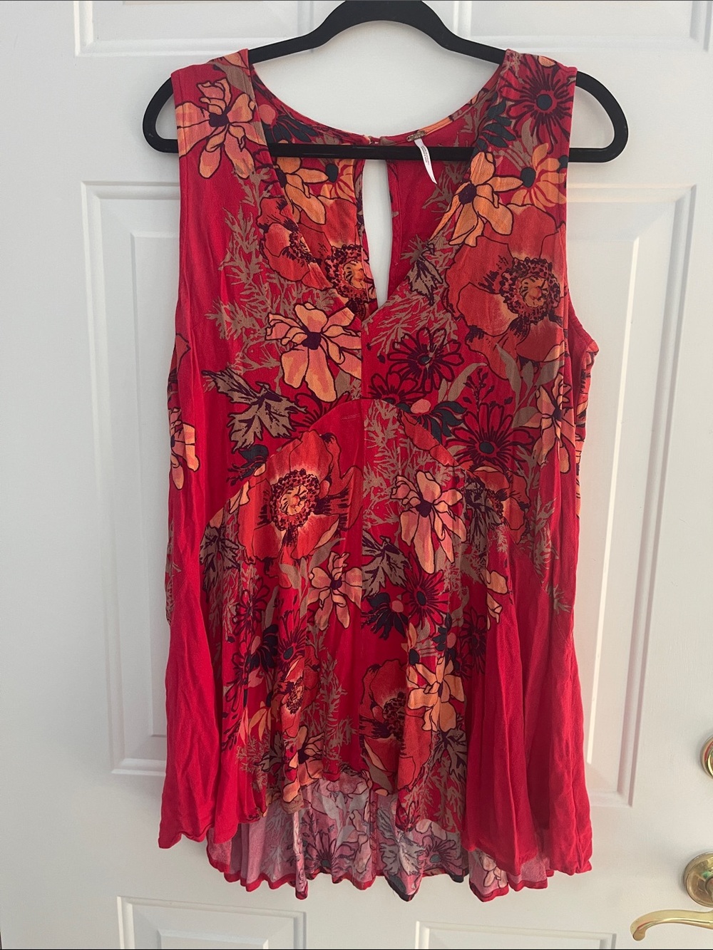 Free People Red Floral Keyhole Tank with Layered Hem